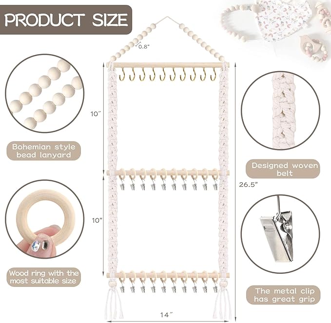 POVETIRE Pacifier Clip Holder Baby Bibs Organizer, Neutral Baby Bandana Drool Bibs Holder - Baby Burp Cloths Organizer Storage Hanging Wall Decor for Nursery Newborn Infant Girls and Boys Room