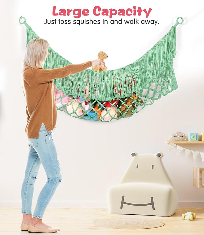 Stuffed Animal Hammock - Extra Large 56'' Long, Stuffed Animal Storage, stuffed animal Holder net, Hammock Large, Storage Hanging Organizer - Matcha green