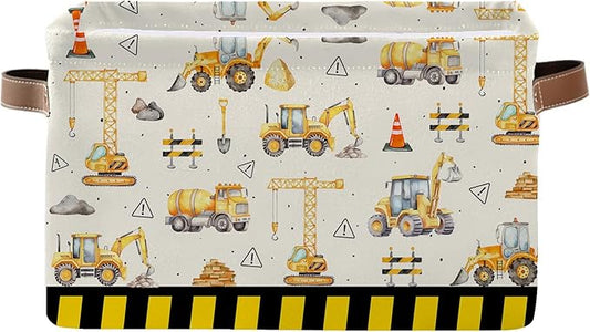 Construction Truck Basket - Excavator Storage Baskets Collapsible - Bulldozer Storages Bin Decor - Tractor Decor for Boys Room - Excavator Rectangle Baskets for Kids Clothes, Gifts, Books