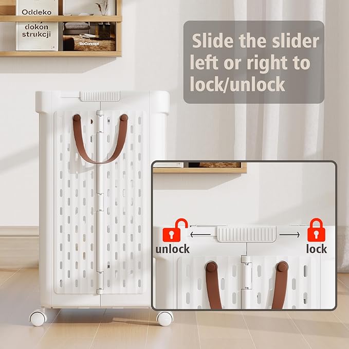 UAK Plastic Laundry Basket with Wheels & Handle, 67L Heavy Duty Foldable Laundry Hamper – Easy Clean Waterproof Rolling Organizer for Bathroom & Laundry Room, White