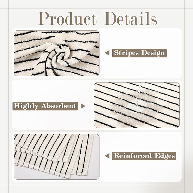 4 Pack Striped Hand Towels Set for Bathroom, Cotton Face Towels Black Blue and Yellow 3 Colors, 14" x 29", Soft and Absorbent, Vintage Kitchen Decor, Guest Use
