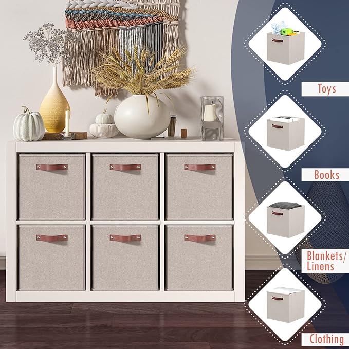 Ornavo Home 13 x 15 x 13 Kallax Storage Cube Bins, Foldable Collapsible Fabric Storage Bins Box Linen Shelf Basket Cube Organizer for Closet with Leather Handles, 6 Pack, Beige