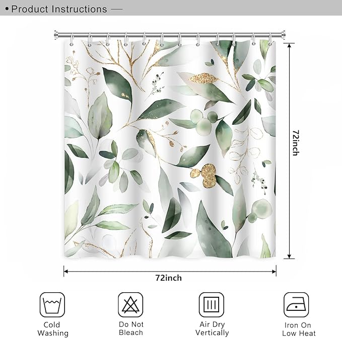 Abstract Eucalyptus Leaves Shower Curtains Sage Green Gold Branches Leaf Nature for Bathroom Farmhouse Style Home Decor Waterproof Polyester Fabric Shower Curtain with Hooks, 72x72 Inch