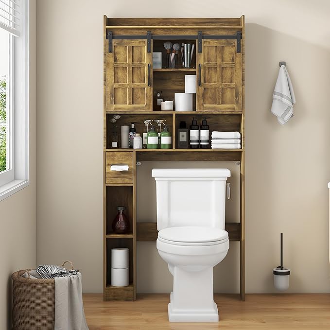 Over The Toilet Storage Cabinet, Farmhouse Storage Cabinet Over Toilet with Sliding Doors，Home Space-Saving Toilet Rack, for Bathroom, Restroom, Laundry(Brown