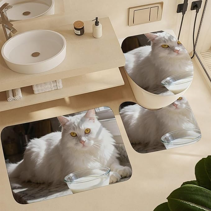 4 Piece Bathroom Rug Set with Shower Curtain, Non-Slip Bath Mat Toilet Cover Set, Greedy Cat Bathroom Rug Sets