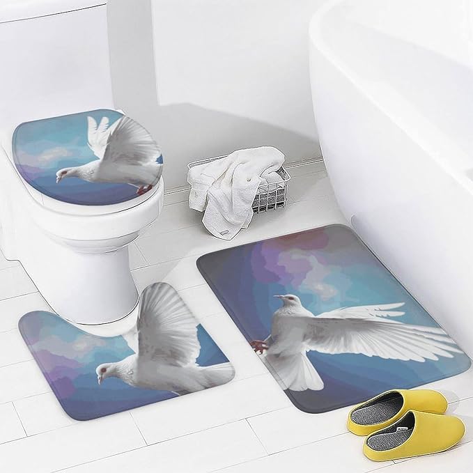 4 Piece Bathroom Rug Set with Shower Curtain, Non-Slip Bath Mat Toilet Cover Set, Peace Dove Bathroom Rug Sets