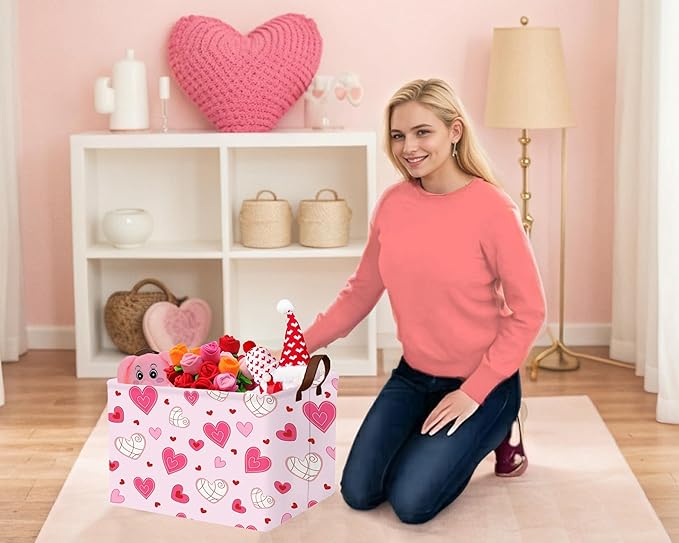 Large Valentine's Day Basket Heart Shaped Storage Bin for Gifts Collapsible Organizer Room Decor (Pink Bottom Lines White Love)