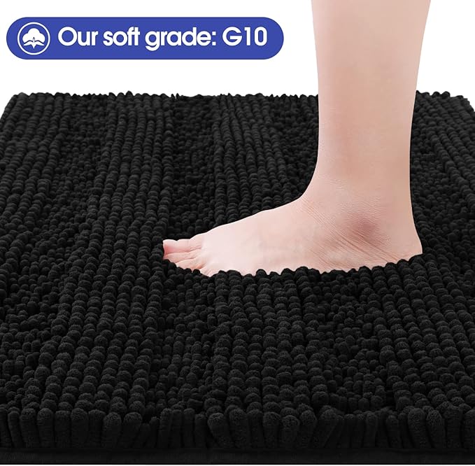 ACCUMTEK Striped Black Bathroom Rug Mat 48"x17" Ultra Soft, Non Slip Chenille Bath Rugs, Absorbent Plush Shaggy Bath Mats for Bathroom, Bedroom, Kitchen, Shower, Tub