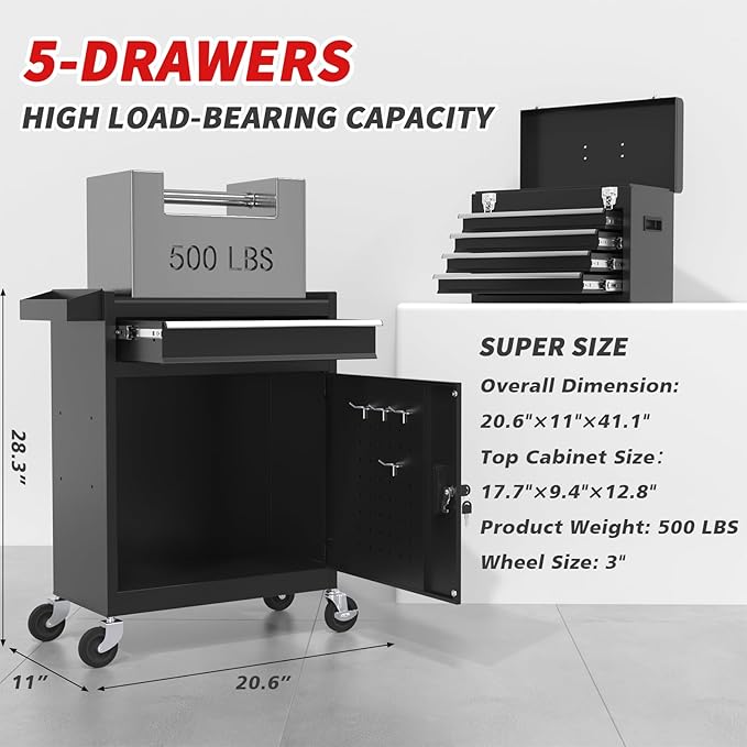 5-Drawer Rolling Tool Chest, Tool Box with Wheels, Tool Cart with 2 in 1 Detachable Top Box, Lockable Wheels, Drawers, Liner, Metal Mechanic Tool Storage Cabinet for Garage, Workshop, Black