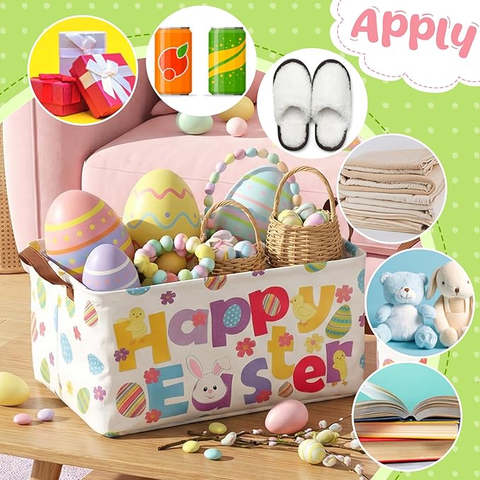 3 Pack Easter Storage Baskets Waterproof Canvas with Leather Handles Bunny Basket Box Collapsible Storage Bins Box for Closet Toys Clothes Room Decor Gift Basket