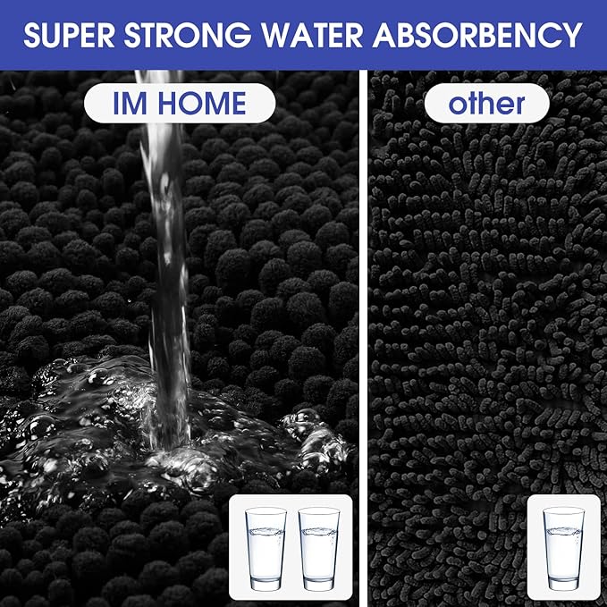 ACCUMTEK Striped Black Bathroom Rug Mat 24"x17" Ultra Soft, Non Slip Chenille Bath Rugs, Absorbent Plush Shaggy Bath Mats for Bathroom, Bedroom, Kitchen, Shower, Tub