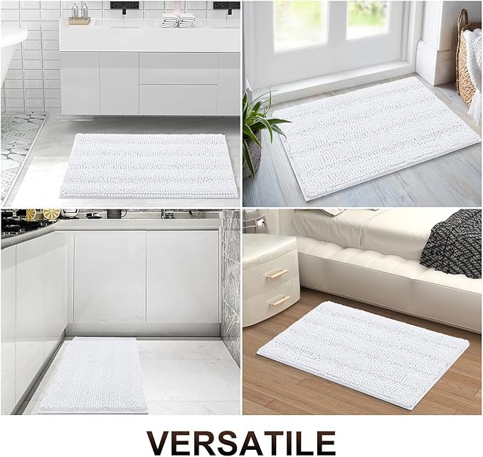 Grandaily Chenille Striped Bathroom Rugs 70x24, Extra Thick and Absorbent Bath Mats, Non-Slip Soft Plush Shaggy Shower Carpet, Machine Wash Dry, Bath Rug for Bathroom, White