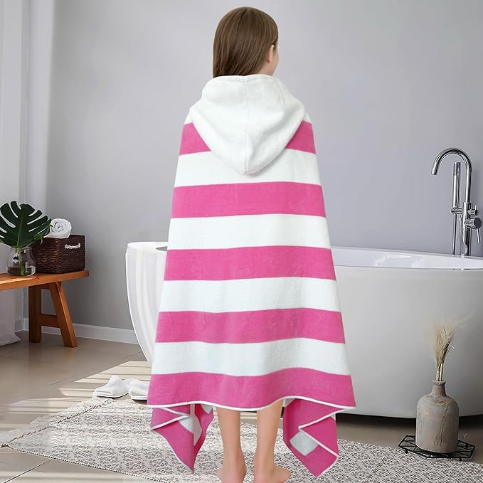 Hooded Bath Towel Wrap for Teens/Big Kids (6-12 Years,68"X34") | Soft Fluffy Quick Dry Absorbent 100%Cotton Thick Towel | Versatile Beach, Pool, Swim & Bath Cover-Up | Hot Pink Wide Stripe