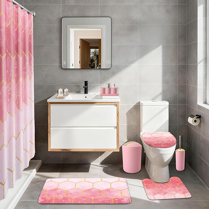 25 Pieces Bathroom Set Pink and Gold Bathroom Accessories Set, Shower Curtain and Rugs, Trash Can, Toilet Brush, Soap Dispenser, Soap Dish, Toothbrush Holder, Tumbler, Tray, Qtip Holder for Home Decor