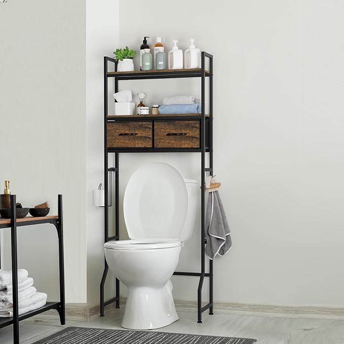 ETELI Over The Toilet Storage Cabinet Bathroom Storage Cabinet Over Toilet Fit Most Toilets Above Toilet Shelf Bathroom Shelf Organizer with Fabric Drawers, Rustic Brown