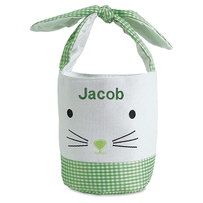 Lillian Vernon Personalized Kids Green Gingham Easter Bag - 10" Diameter x 10.5"Tall, 100% Polyester Easter Basket, Add Initials or a Name, Easter Treat Bag