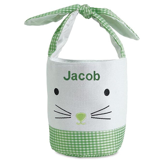 Lillian Vernon Personalized Kids Green Gingham Easter Bag - 10" Diameter x 10.5"Tall, 100% Polyester Easter Basket, Add Initials or a Name, Easter Treat Bag