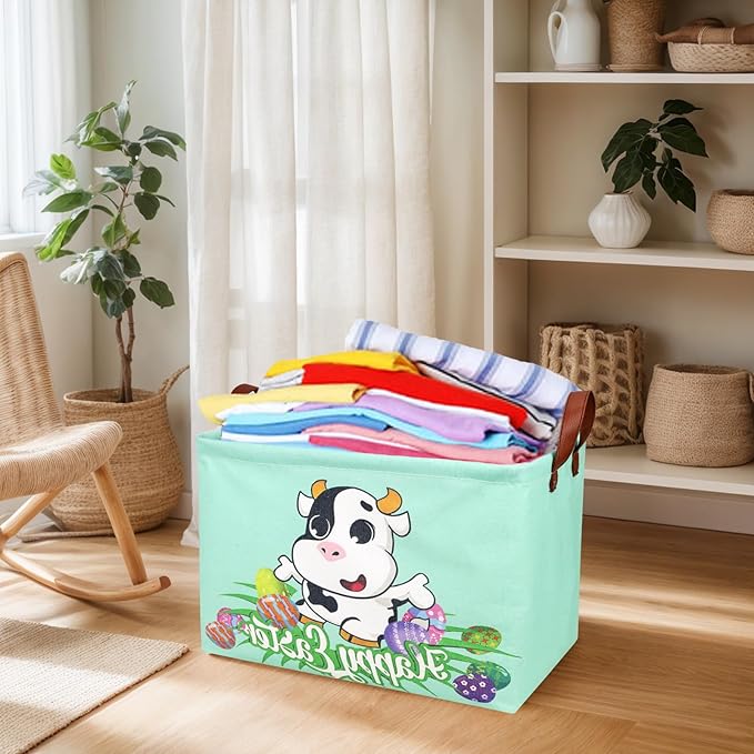 Cow Easter Basket for Kid Large Empty Baby Rectangular Cute Easter Gift Storage Basket Bunny Eggs Décor (Cow)