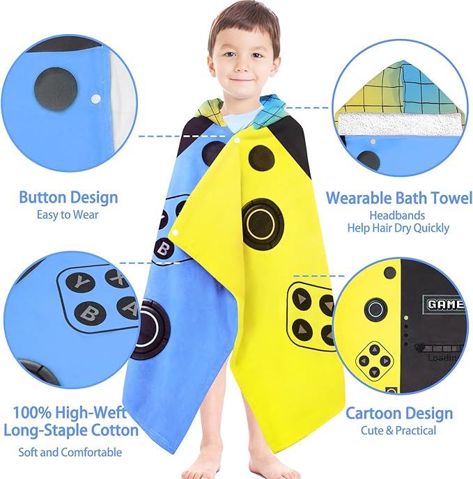 Hooded Towels for Kids- Ultra Soft 100% Cotton Video Game Gamepad Toddler Hood Bath Towels/Pool Terry Towel Beach Poncho Wrap Absorbent Cute Bath & Swim Wrap for Boys & Girls 3-10 Years
