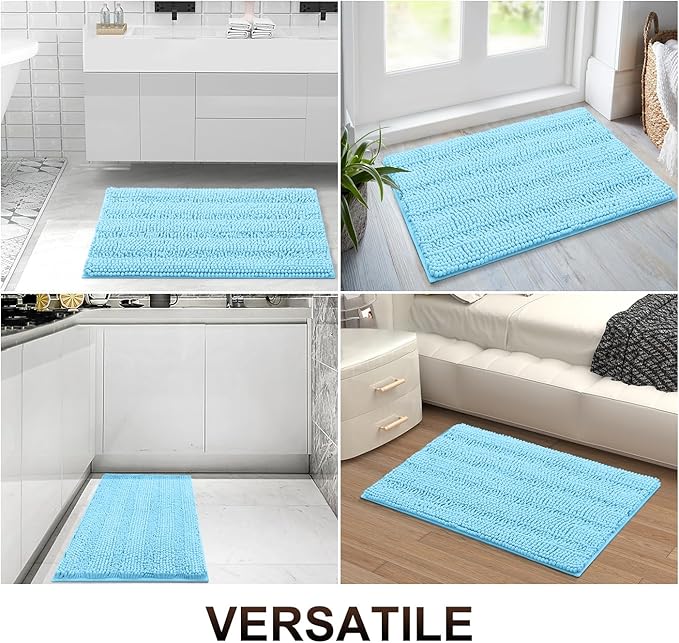 Grandaily Chenille Striped Bathroom Rugs 30x20, Extra Thick and Absorbent Bath Mats, Non-Slip Soft Plush Shaggy Shower Carpet, Machine Wash Dry, Bath Rug for Bathroom, (Medium, Blue)