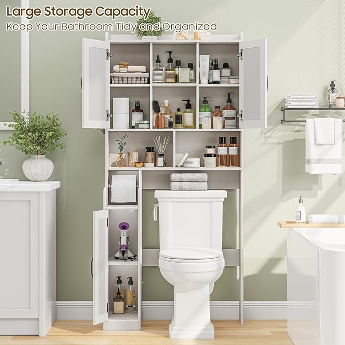 Over The Toilet Storage Cabinet, Bathroom Over Toilet Storage Organizer with Barn Doors & Paper Holder Stand, Farmhouse Space Saving Rack Cabinet with Adjustable Shelves for Bathroom, Laundry (White)