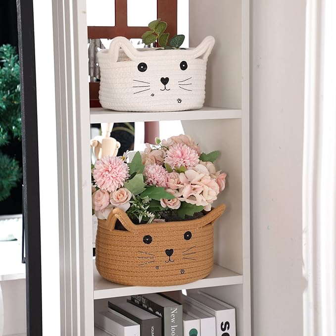 Zopeal Cat Basket Storage Woven Organizer with Ears Christmas Decorative Pet Toy Cute Cotton Rope Basket for Gift Cat Dog Toy Bin Nursery Room(8.3 x 4.7 Inch,Khaki)