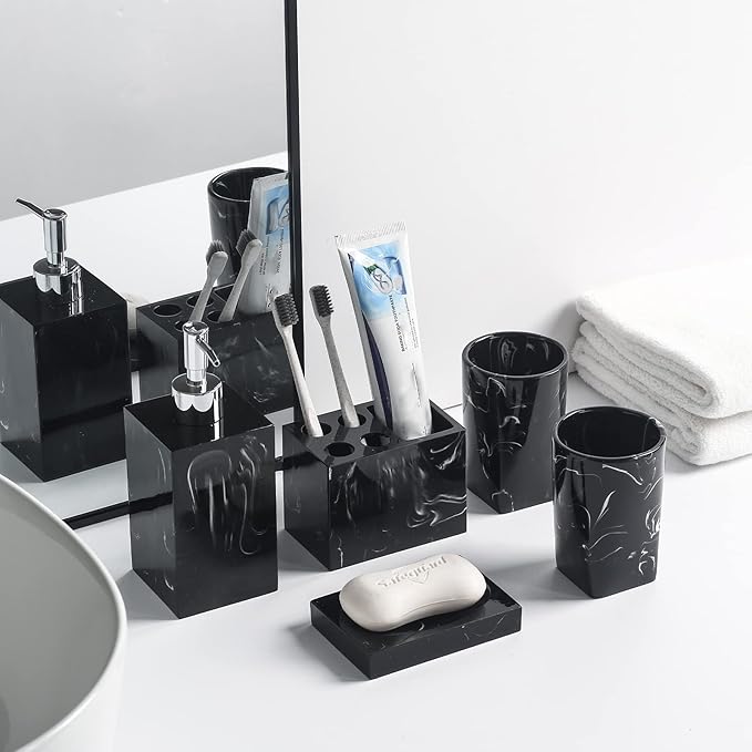 5-Piece Bathroom Counter Top Accessory Set - Dispenser for Liquid Soap or Lotion, Soap Dish, Toothbrush Holder and 2 Tumblers, Marble Pattern Resin (Ink Black)