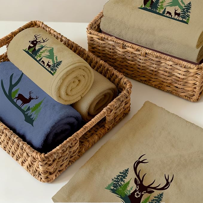 4 Pcs Forest Moose Deer Hand Towels Elk Embroidered Towels Set - 29" x 13.3" Cotton Bath Towel, Deer Rustic Farmhouse Decor, Nature-themed Hand Towel for Kitchen Bathroom Decor Housewarming Gift