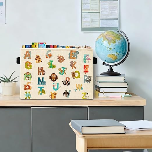 Boho Animal Alphabet Kids Storage Bins Box with Handles, Cute Animal Educational Laundry Basket Hamper Collapsible Clothes Toys Organizer for Toddler Room Nursery Playroom Bathroom