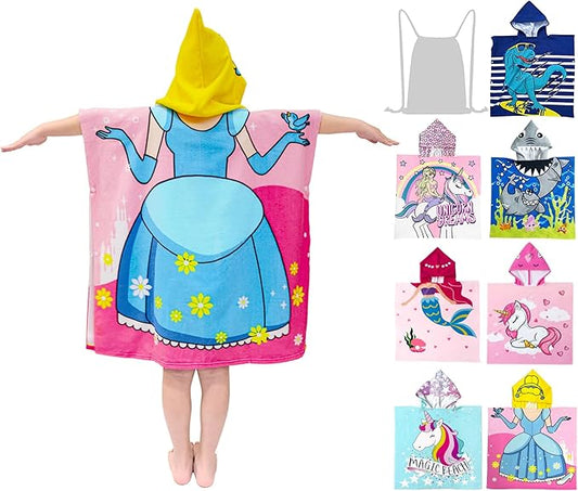 Hooded Kids Beach Towels - Toddler Bath Towel Girls Boys Swim Cover-ups for Ages 4 to 10 Kids Pool Towels Quick Dry Lightweight Soft Microfiber Poncho 30x30 (Princess Dress Blue)