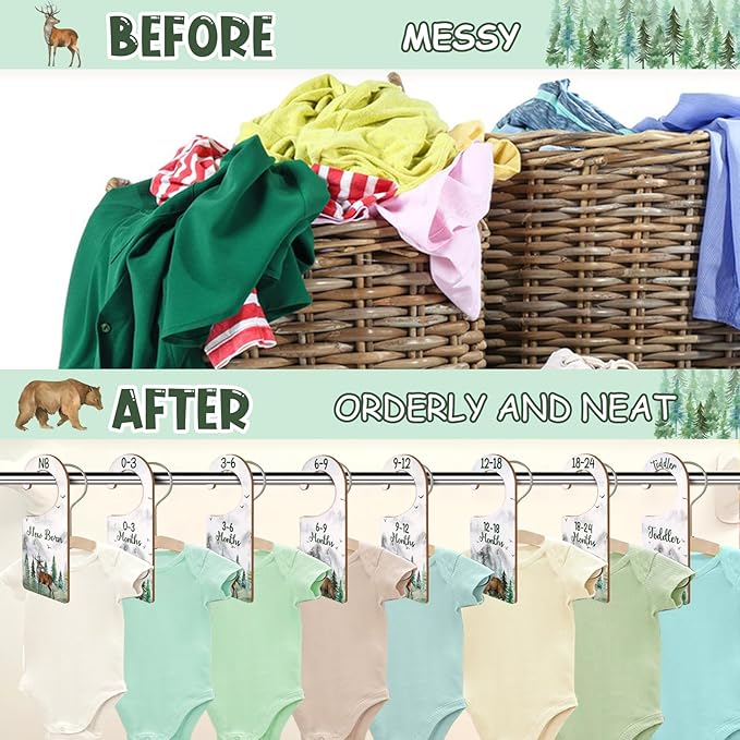 Baby Closet Dividers 8PCS, Mountain/Forest/Adventure Theme Wooden Double-Sided Clothes Size Hanger Organizer from Newborn to Toddler for Nursery Decor Baby Shower Birthday Gift