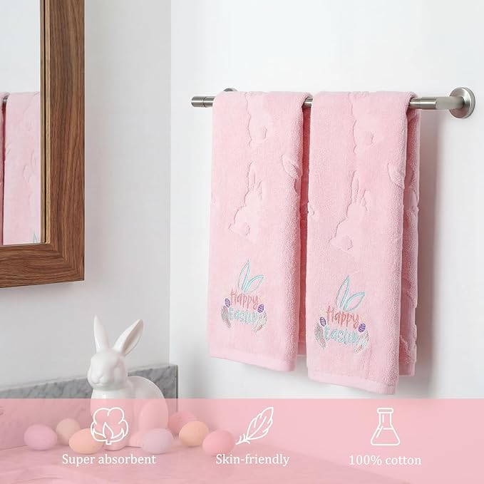 2 Pcs Easter Hand Towels for Bathroom Bunny Easter Bath Towels Pink 100% Cotton Jacquard Embroidered Decorative Gift Set Kitchen Decor Home Accessories