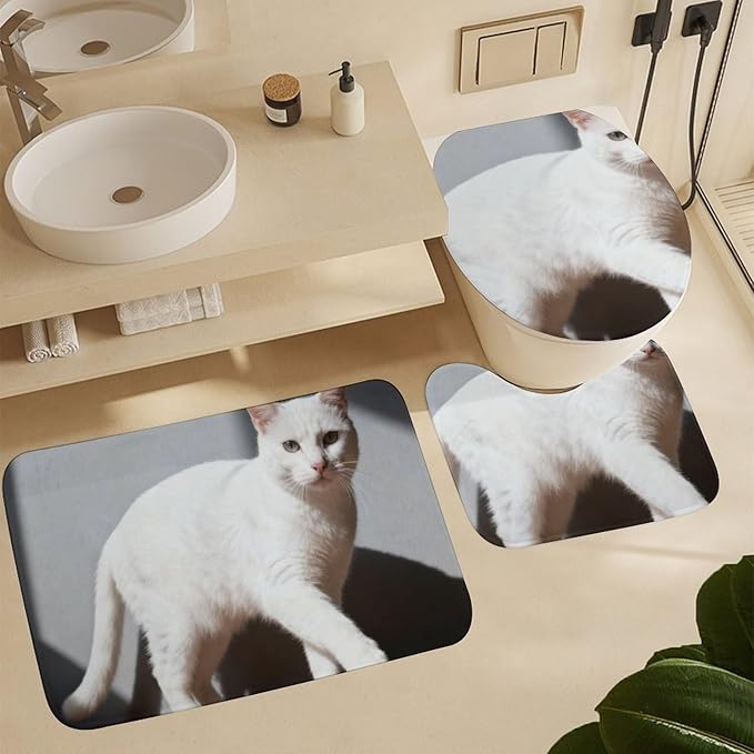 4 Piece Bathroom Rug Set with Shower Curtain, Non-Slip Bath Mat Toilet Cover Set, Close White Cat Bathroom Rug Sets