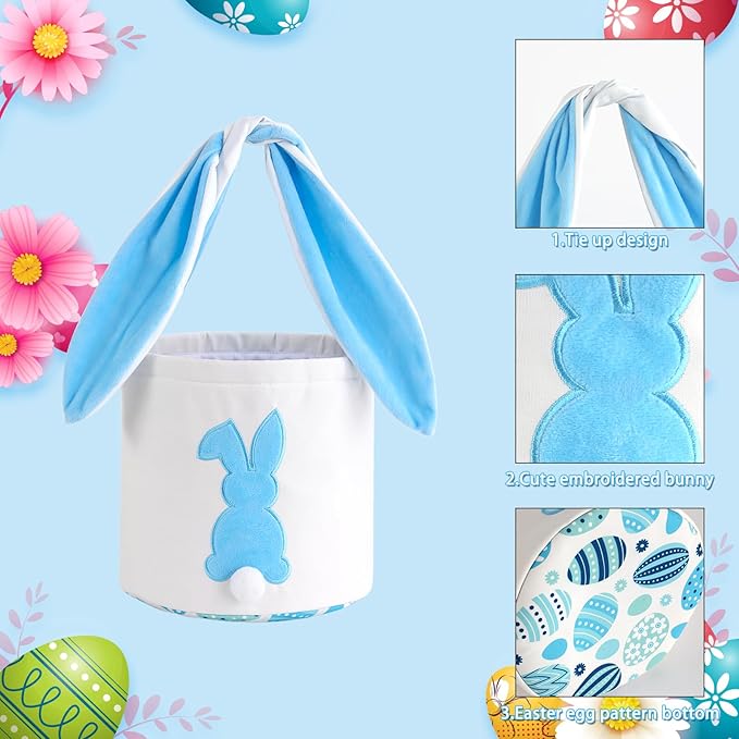 MONOBLANKS Easter Bunny Basket Bags Carrying Gift and Eggs Hunt Bag,Rabbit Canvas Toys Bucket Tote (A-Blue)