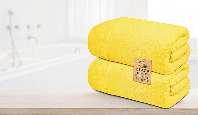 100% Cotton Luxury Bath Sheets - Pack of 2 (35" x 70") | Super Soft, Quick-Dry & Highly Absorbent Towels for Bathroom, Home, Spa & Gym (Yellow)