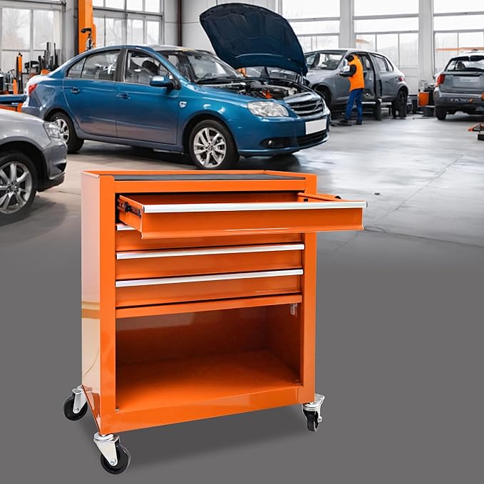 CHD Rolling Tool Chest, Tool Box with Wheels, Tool Storage Cabinet with 4 Drawers, Tool Box Organizer with Lock for Garage Workshop, Orange