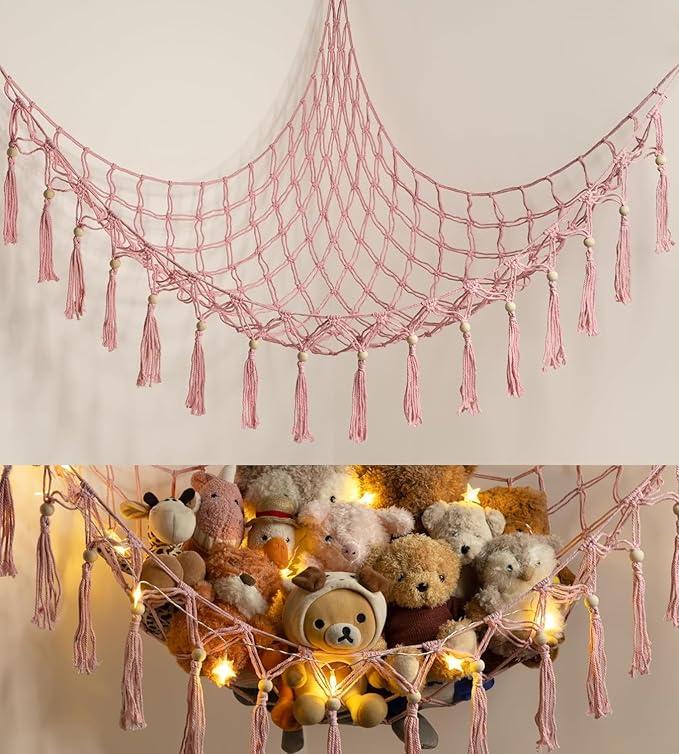 Stuffed Animal Storage Hammock Corner with LED Light - Toy Hanging Organizer Plushie Net - Pink Room Decor for Teen Girls - Cute Bedroom Aesthetic Nursery Kids Baby Toddler