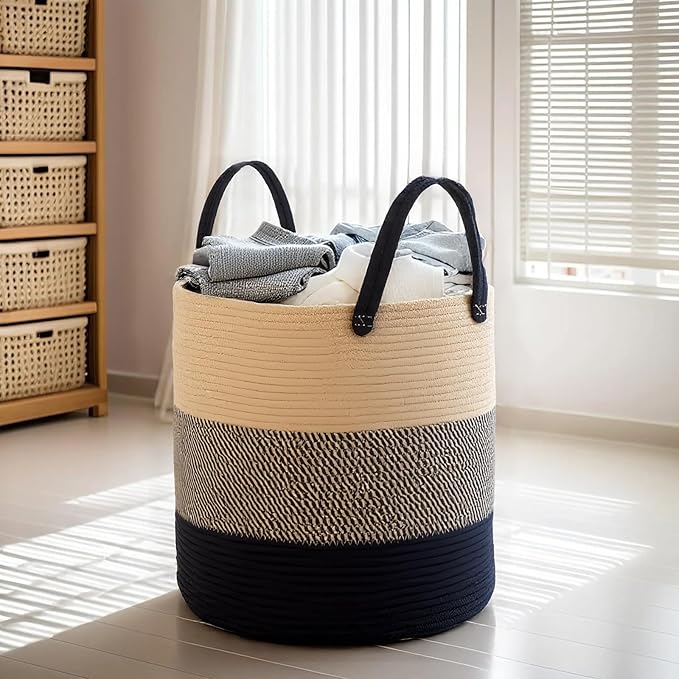 ShellKingdom Laundry Basket, Natural Rope Woven Storage Basket with Handles for Home, Living Room, Laundry, Storage Organizer for Blankets, Clothes, Plant, Toys, 15.7 x 13.8 INCH (3-Toned Khaki Black)
