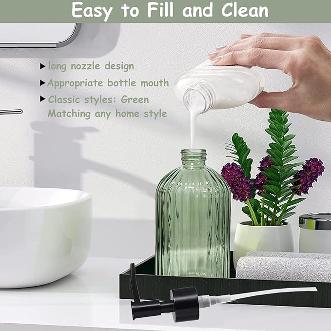 Green Glass Soap Dispenser Set with Black Pump, 13.5oz Refillable Liquid Hand Soap Dispenser, Lotion Dish Soap Dispenser for Modern Home Decor, Bathroom, Kitchen Countertop, Hotel(2 Pack)