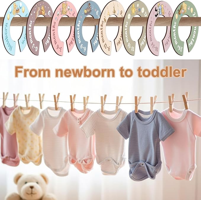 8Pcs Winnie Baby Closet Dividers, Colorful Round Baby Clothes Dividers for Closet, Newborn Baby Stuff for Baby Boys Girls, Wooden Double-Sided Baby Hanger Organizer from Newborn to Toddler