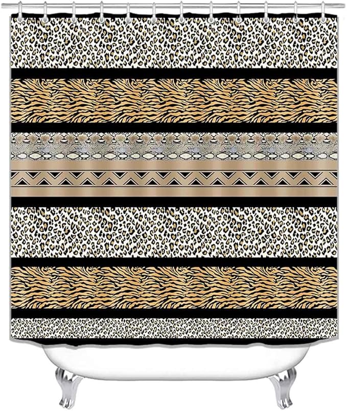 4PCS Leopard Print Shower Curtain Sets with Rugs, Waterproof Fabric Shower Curtain, Gold Black Striped Patchwork Cheetah Print Tiger Snake Safari Wildlife Animal Skin Modern Bathroom Decor