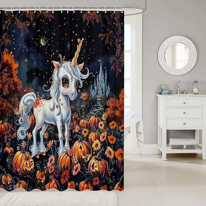 Happy Halloween Shower Curtain with Hooks,Pumpkin Lantern Daisy Castle Room Decor Bath Curtain,Cartoon Unicorn Bathroom Accessories Waterproof Panel,72x 84 Inches