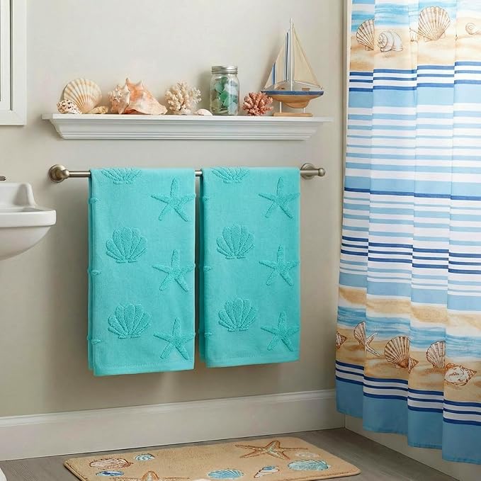 2 Pcs Coastal Hand Towels for Bathroom 100% Cotton Jacquard Weave Hand Towels Seashell Starfish Beach Soft Absorbent Washcloth for Spring Summer Kitchen Bathroom Home Decor, 29.5 x 13.8 Inch