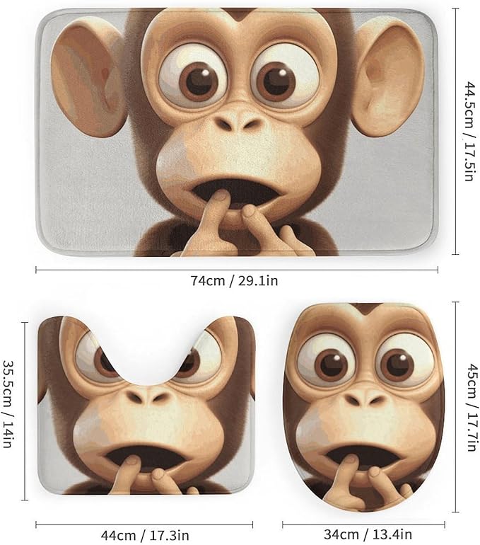 4 Piece Bathroom Rug Set with Shower Curtain, Non-Slip Bath Mat Toilet Cover Set, The Silent Monkey Bathroom Rug Sets