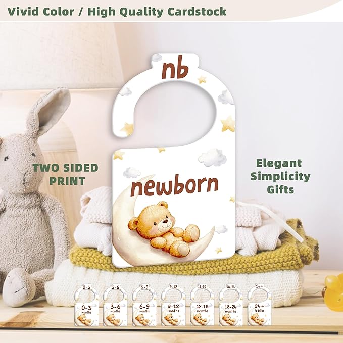 JMOST Bear Baby Closet Dividers for Nursery Closet Organizer, Newborn to 24 Months Size Clothes, Bear Moon Hangers with Size Dividers, Double Sided