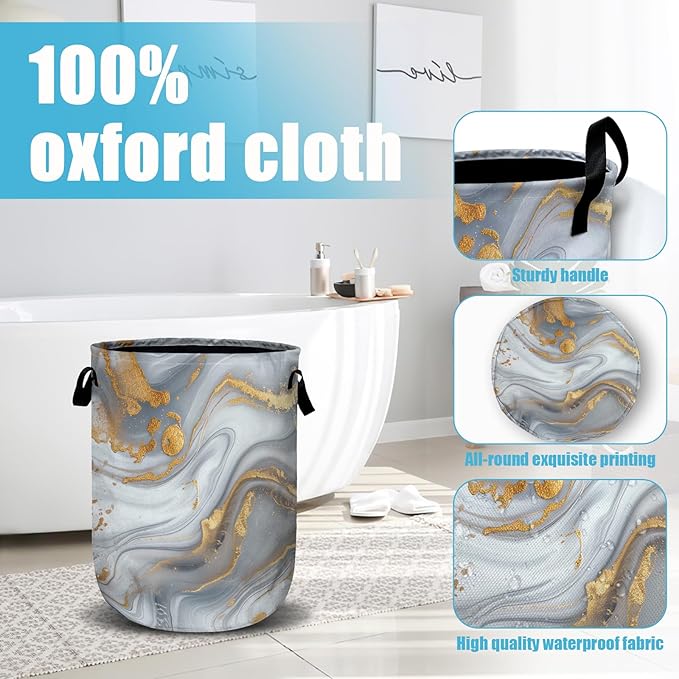 White Gold Marble Laundry Basket, Laundry Hamper Collapsible Oxford Cloth with Handle Clothes Toy Storage Bin for Bathroom Laundry Room Bedroom 15.7 X 20 Inch