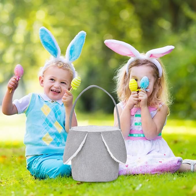 Easter Bunny Basket, Cute Easter Bucket Bags with Rabbit Ears for Easter Eggs Hunting, Plush Easter Bunny Basket, Easter Tote Bags for Candy Storage Decorations (Grey)
