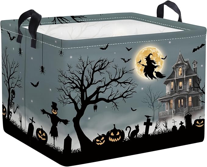 Clastyle Halloween Pumpkin Storage Basket Kid Spooky Book Gift Basket Empty Outdoor Graveyard Jack-o-lantern Boo Bin Baby Nursery Clothes Hamper Toy Box,Witch Bat,40*30*30 cm
