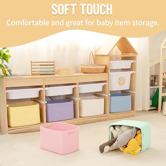 4 Pack Storage Baskets for Organizing Toys, Towels, and Clothes, Woven Basket for Shelves, Sturdy Nursery Cube Bins for Storage, 13''L x9''W x7.8''H, White, SD-SLB-G-C-01
