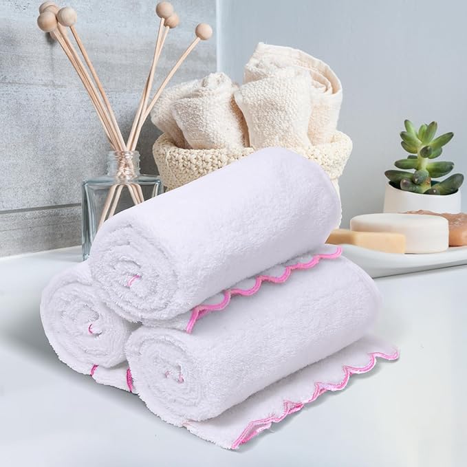 100% Cotton Hand Towels for Bathroom 4 Pcs Scalloped Hand Towels 16 * 27 Inch Embroidered Decorative 600 GSM Soft Absorbent Bath Towel for Spa Yoga Hotel Sport (Pink)
